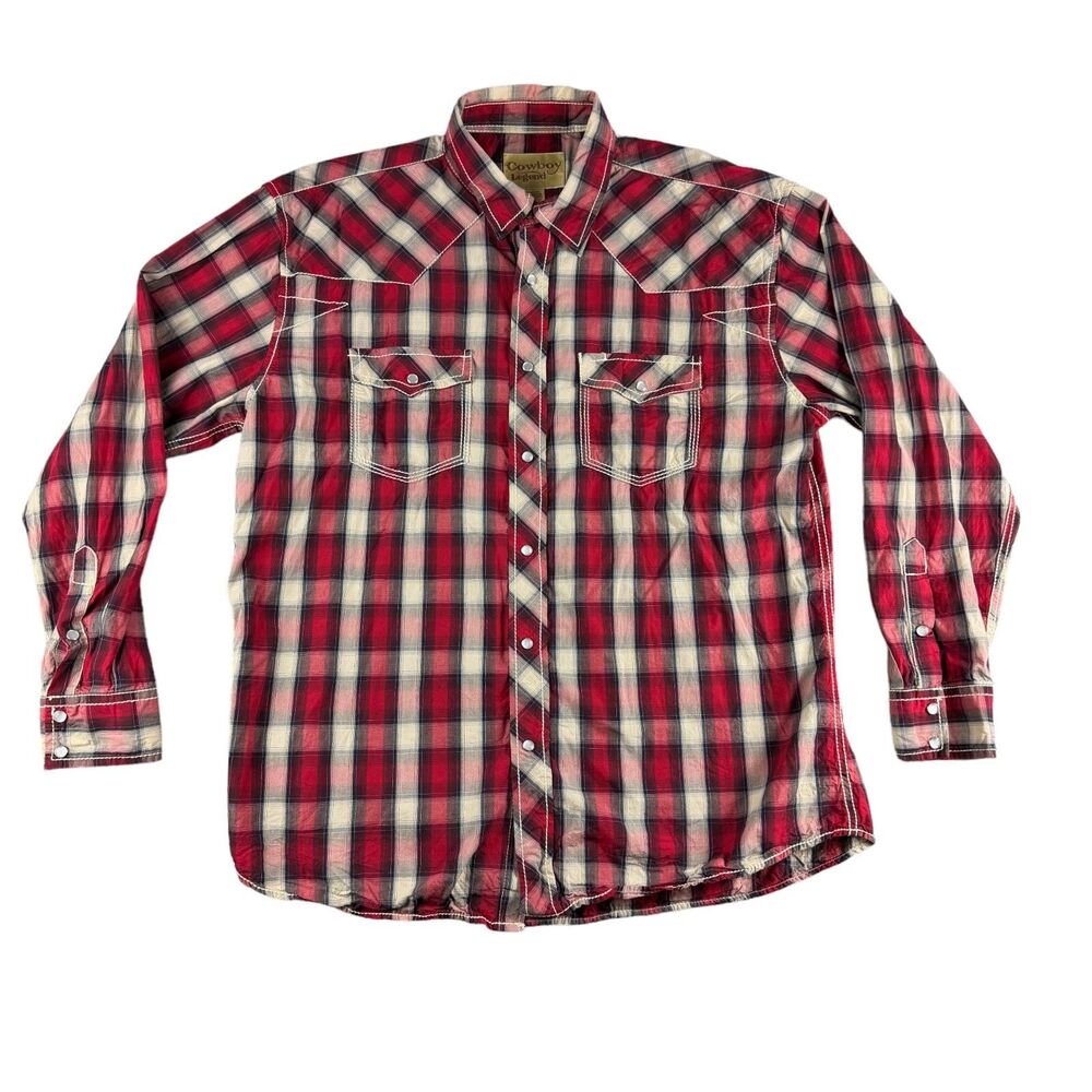 Cowboy Legend Shirt Men's XXL Red White Long Sleeve Plaid Western Pearl Snap Top